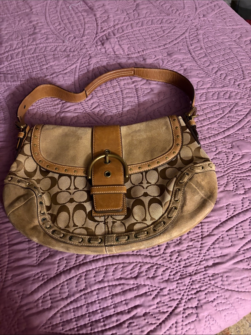 Coach Signature Canvas Shoulder Bag in Tan and Brown
